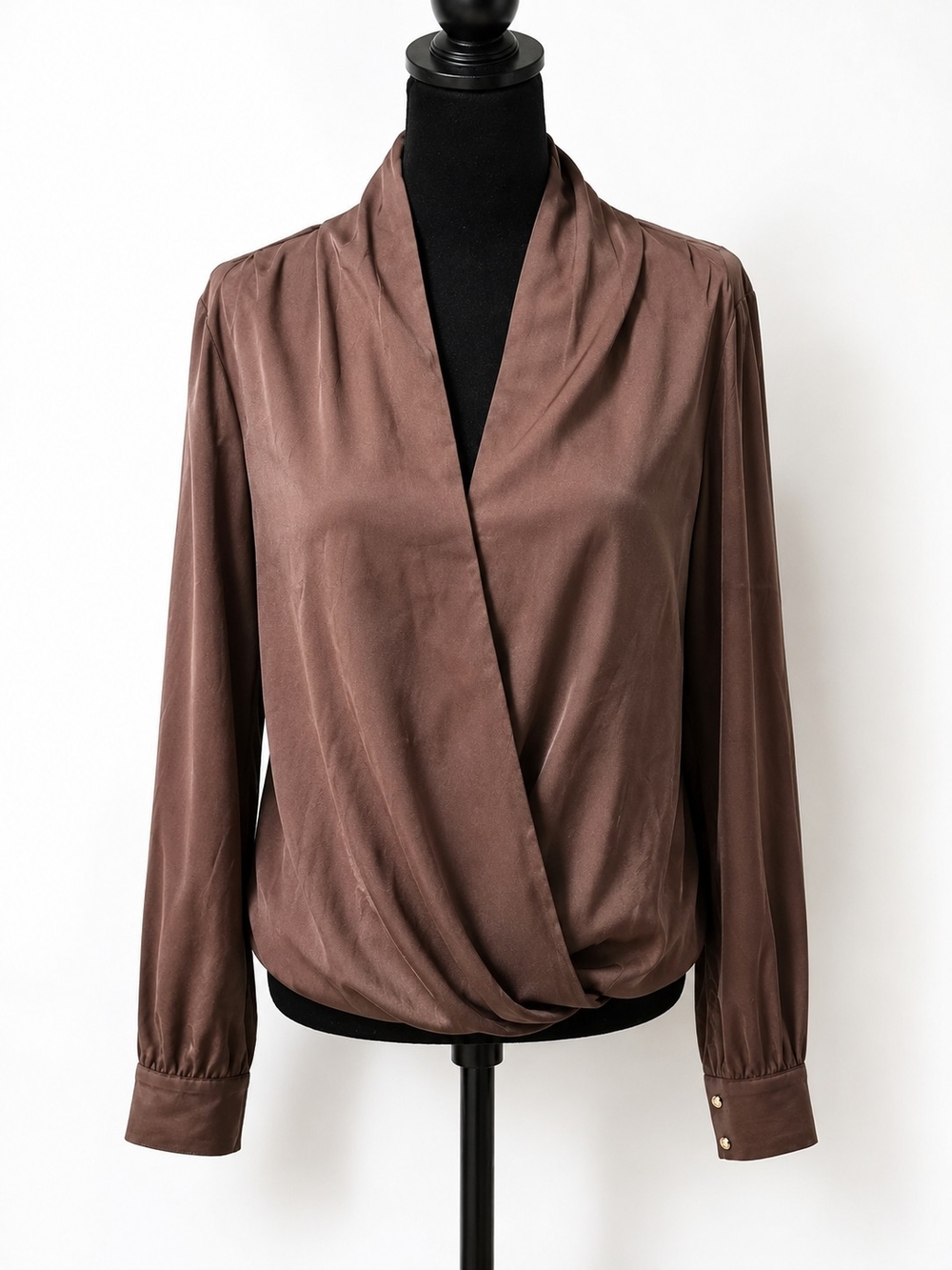 bebe Brown Satin Wrap Surplice Blouse Long Sleeve Small